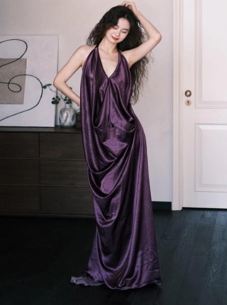 Sexy Purple Halter Long Women Dress with High-slit Casual Dress RS139