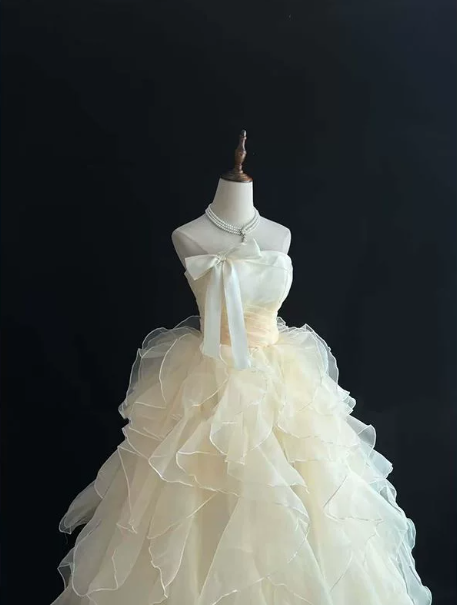 Pastel Yellow Elegant Prom Gown , Tulle Pleated Maxi Evening Dress Birthday Dress RS1630