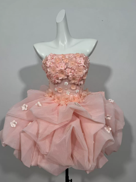 Dreamy Pink Homecoming Dress , Tulle Floral Decor Romantic Corset Short Prom Dress RS1620