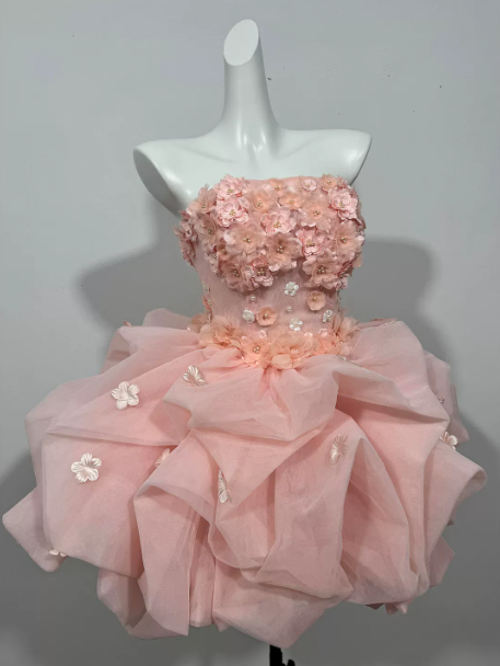 Dreamy Pink Homecoming Dress , Tulle Floral Decor Romantic Corset Short Prom Dress RS1620