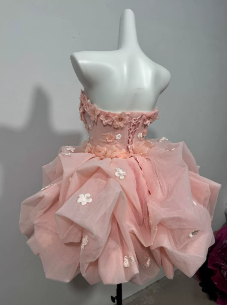Dreamy Pink Homecoming Dress , Tulle Floral Decor Romantic Corset Short Prom Dress RS1620