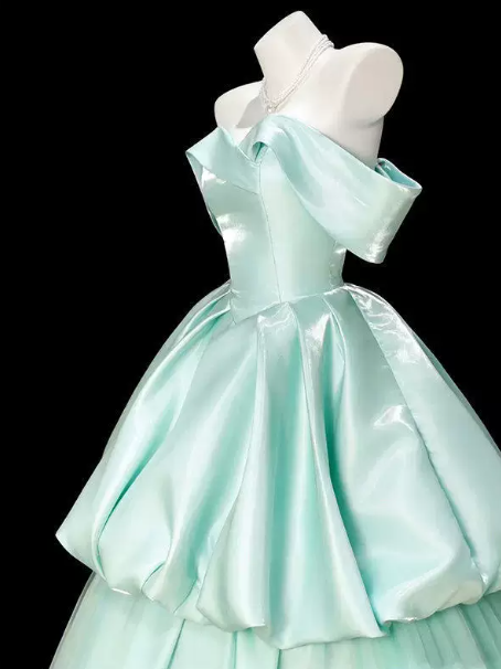 Mint Green Elegant Prom Gown , Satin Tiered Maxi Evening Dress Birthday Dress RS1631