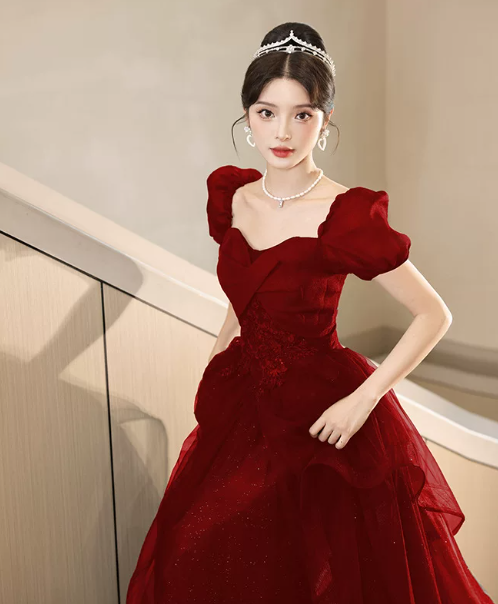 Sparkly Burgundy Prom Gown , Tulle Glitter Elegant Maxi Evening Dress Celebrity Dress RS1633