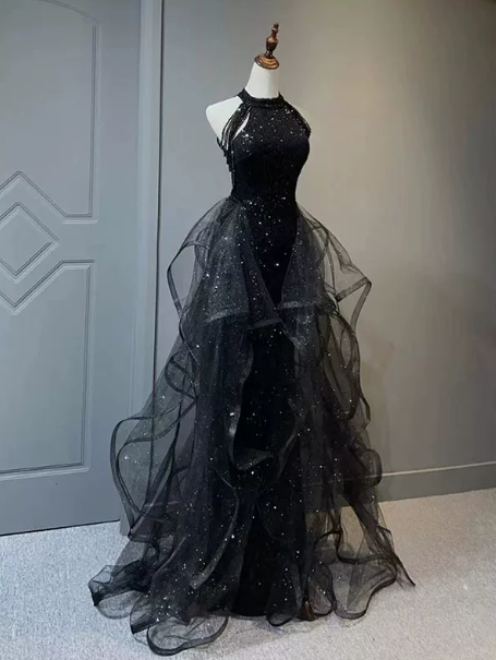 Sparkly Black Prom Gown , Tulle Glitter Sequins Maxi Evening Dress Celebrity Dress RS1634