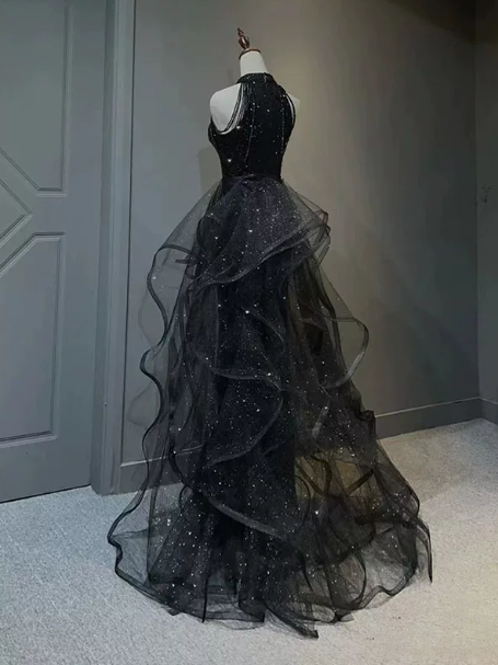Sparkly Black Prom Gown , Tulle Elegant Pleated Maxi Evening Dress Celebrity Dress RS1635