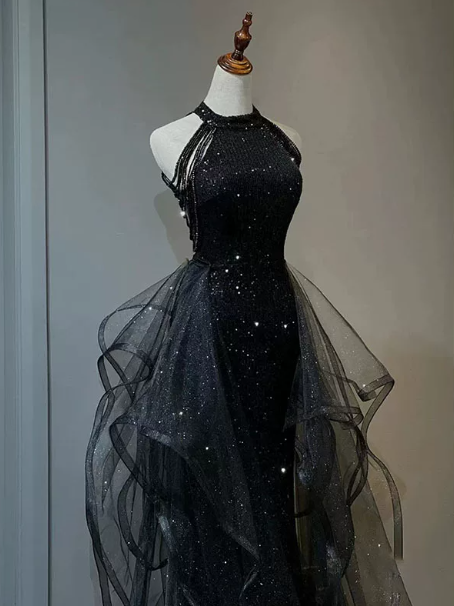 Sparkly Black Prom Gown , Tulle Elegant Pleated Maxi Evening Dress Celebrity Dress RS1635
