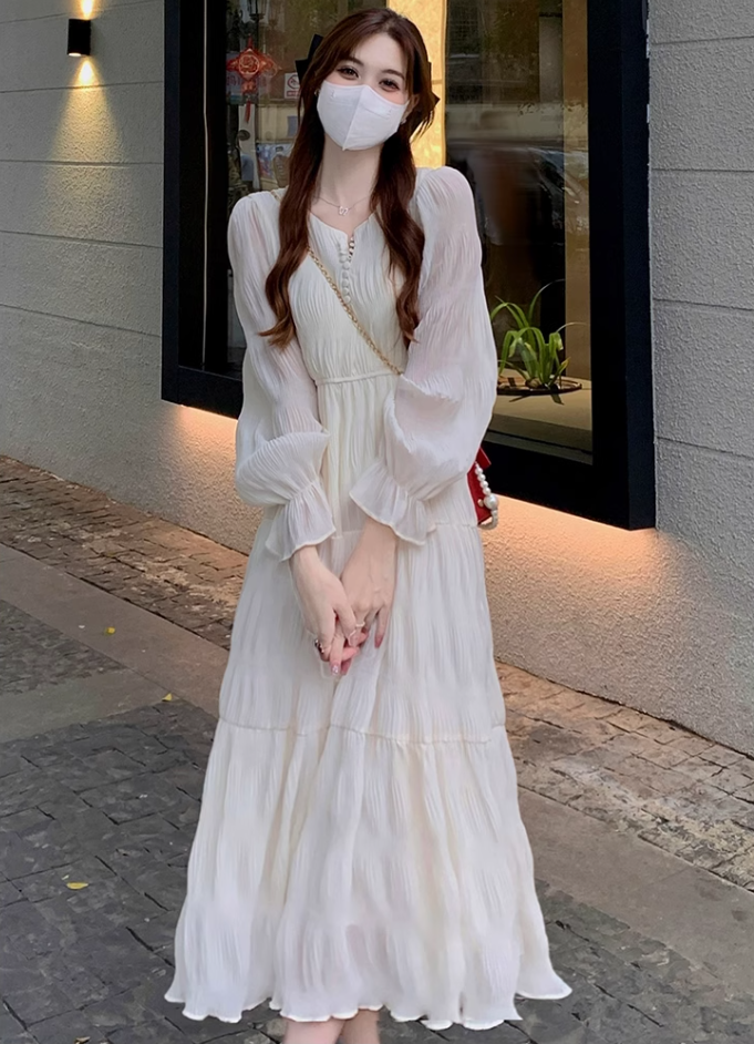 Tea break French style white beach dress waist slimming holiday long dress chiffon dress R1696