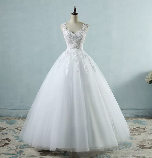 Charming White A-Line Spaghetti Straps Embroidered Corset Maxi Wedding Dress RS1686
