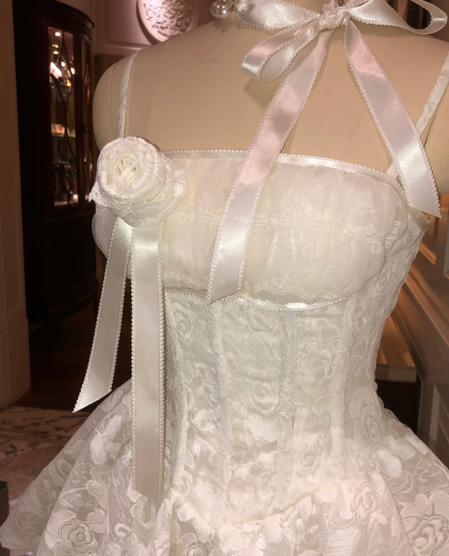 White suspenders waist slim lace skirt slim A-line short skirt homecoming dress R4158