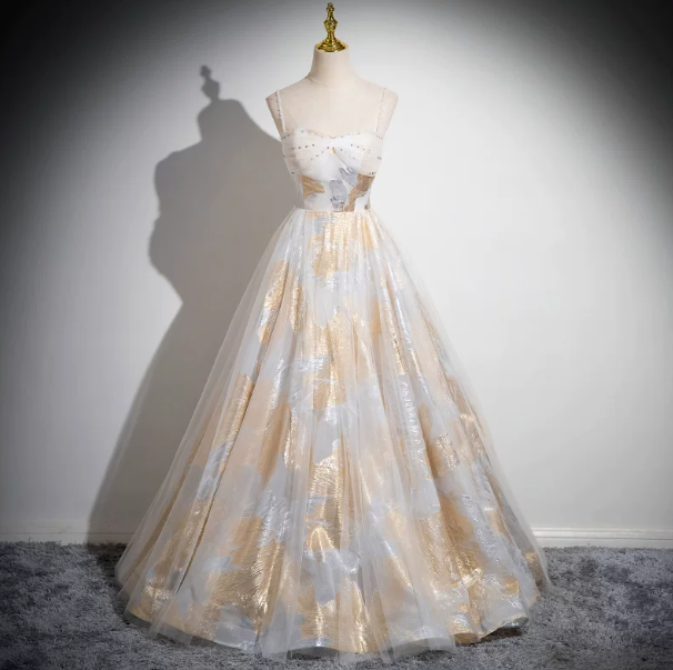 Sparkly Golden Prom Gown , Tulle Silky Maxi Evening Dress Cami Dress RS1637