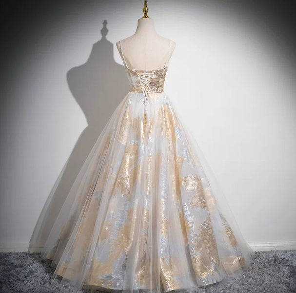 Sparkly Golden Prom Gown , Tulle Silky Maxi Evening Dress Cami Dress RS1637