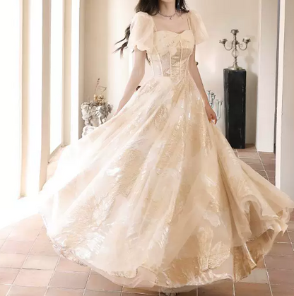 Sparkly Ivory Prom Gown , Tulle Printed Pattern Maxi Evening Dress RS1638