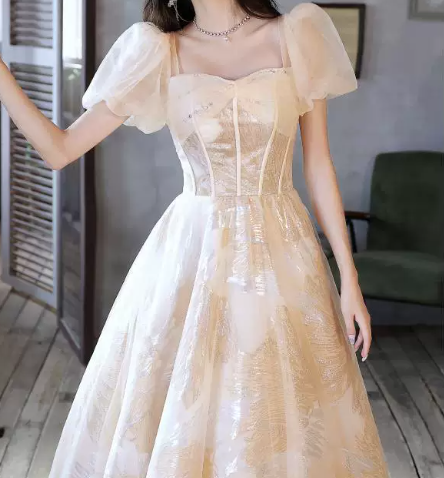 Sparkly Ivory Prom Gown , Tulle Printed Pattern Maxi Evening Dress RS1638