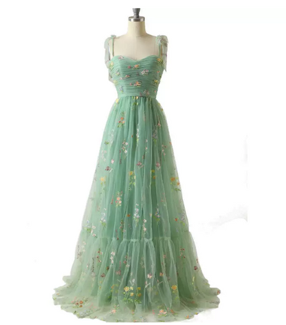 Vibrant Green Prom Gown , Tulle Floral Flowy Maxi Summer Dress Cami Dress RS1639