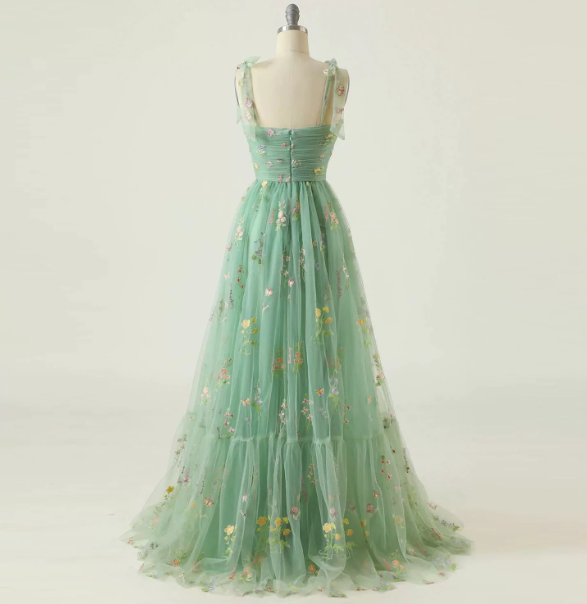 Vibrant Green Prom Gown , Tulle Floral Flowy Maxi Summer Dress Cami Dress RS1639