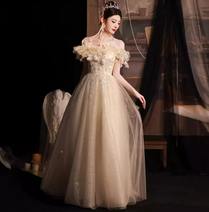 Champagne Elegant Prom Gown , Tulle Glitter Feather Decor Maxi Evening Dress RS1640