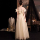 Champagne Elegant Prom Gown , Tulle Glitter Feather Decor Maxi Evening Dress RS1640