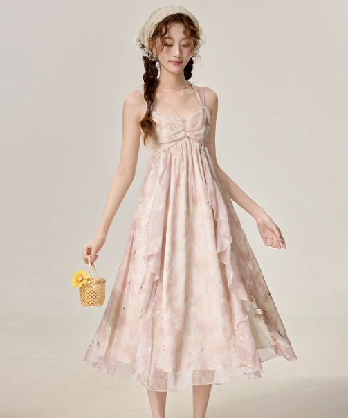 Temperament super fairy pink floral suspender dress beautiful holiday dress R1915