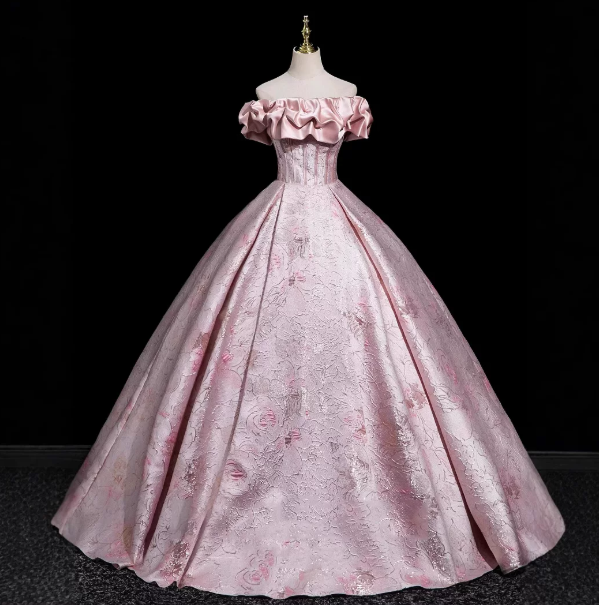 Pink Gorgeous Prom Gown , Silky Satin Printed Pattern Maxi Quinceanera Dress RS1641
