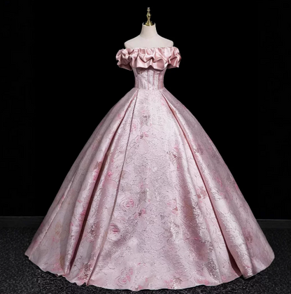 Pink Gorgeous Prom Gown , Silky Satin Printed Pattern Maxi Quinceanera Dress RS1641