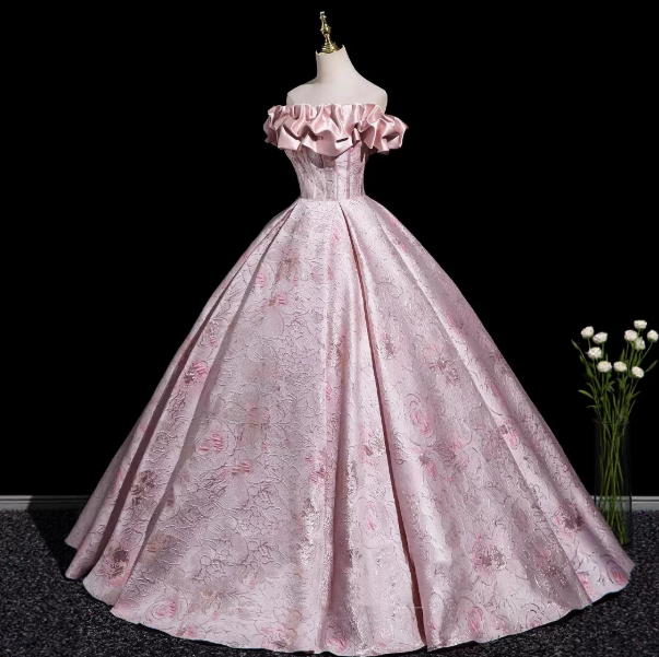 Pink Gorgeous Prom Gown , Silky Satin Printed Pattern Maxi Quinceanera Dress RS1641
