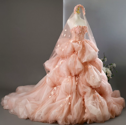 Pink Dreamy Prom Gown , Tulle Applique Puffy Maxi Quinceanera Dress Birthday Dress RS1643