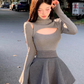 Pure desire design hollow bottoming shirt female 2025 puffy A-line skirt suit R1053