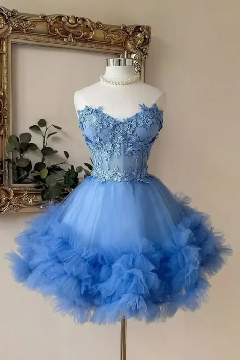 Blue Dreamy Homecoming Dress , Embroidered Tulle Corset Elegant Short Prom Dress RS1659