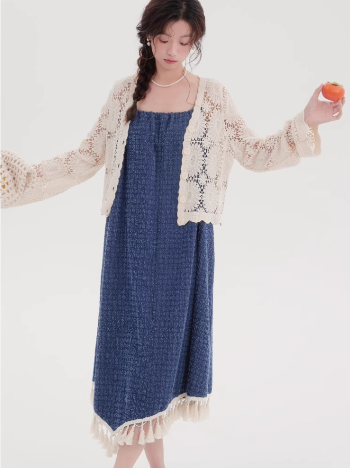 Denim suspender dress with cardigan two-piece suit new style beautiful western-style suit R2358