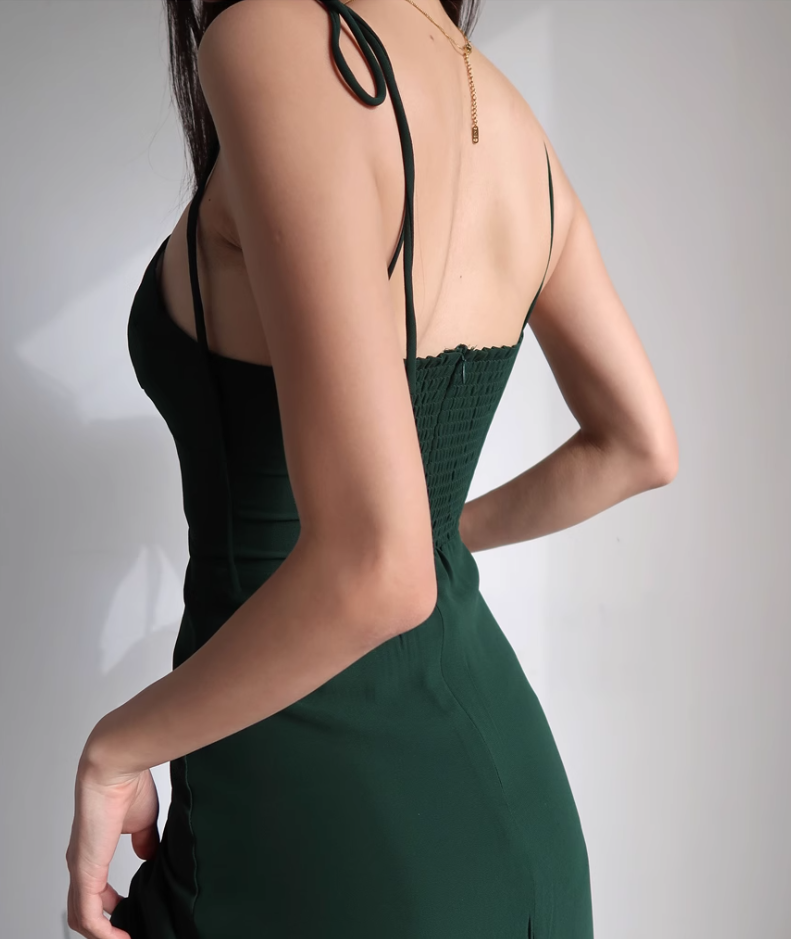 French style dark green high waisted camisole dress, retro waist cinched side slit dress R2865