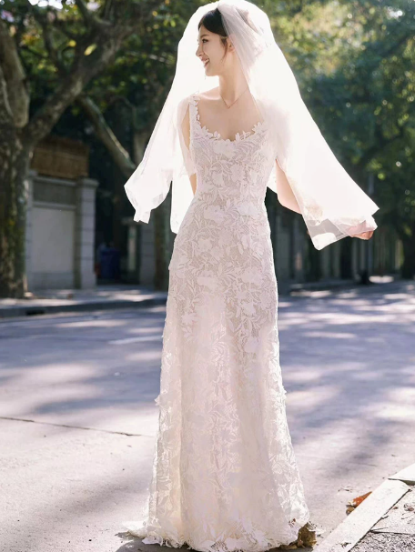 Fresh White Mermaid Square Wedding Dress with Lace Embroidery RS142