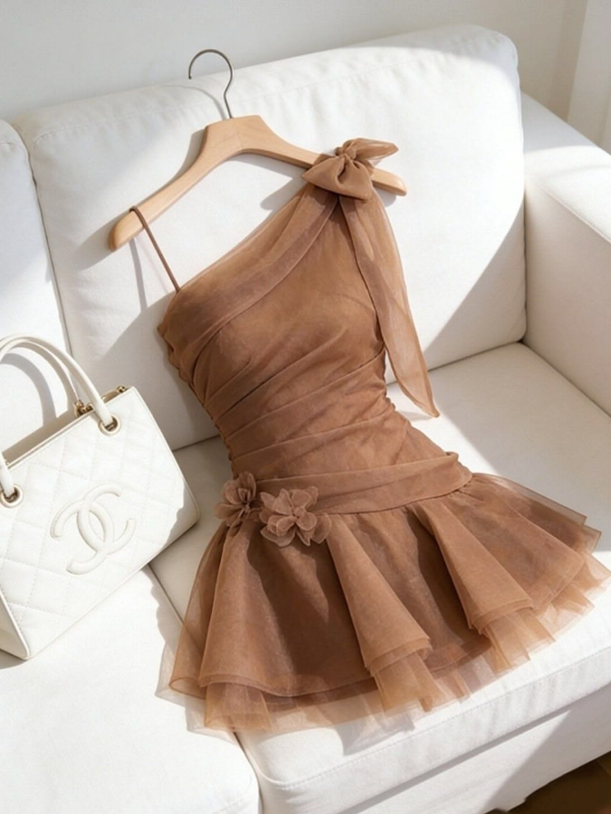 Charming Browm Homecoming Dress , Chiffon One-shoulder Corset Short Prom Dress Summer Dress RS1666