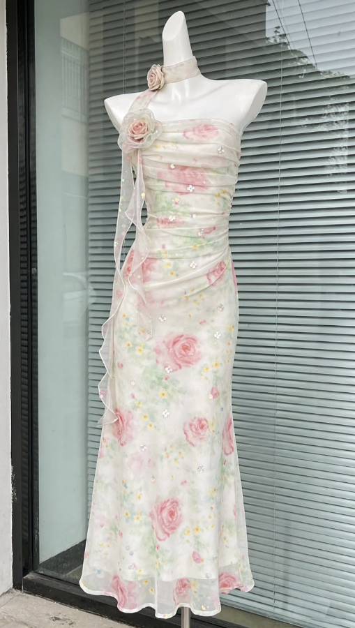 Flowy White Prom Gown , Floral Chiffon Bodycon Maxi Summer Dress RS1646
