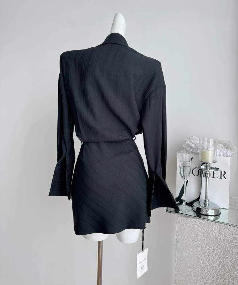 Shirt dress long sleeves new style waist black shirt dress R2103