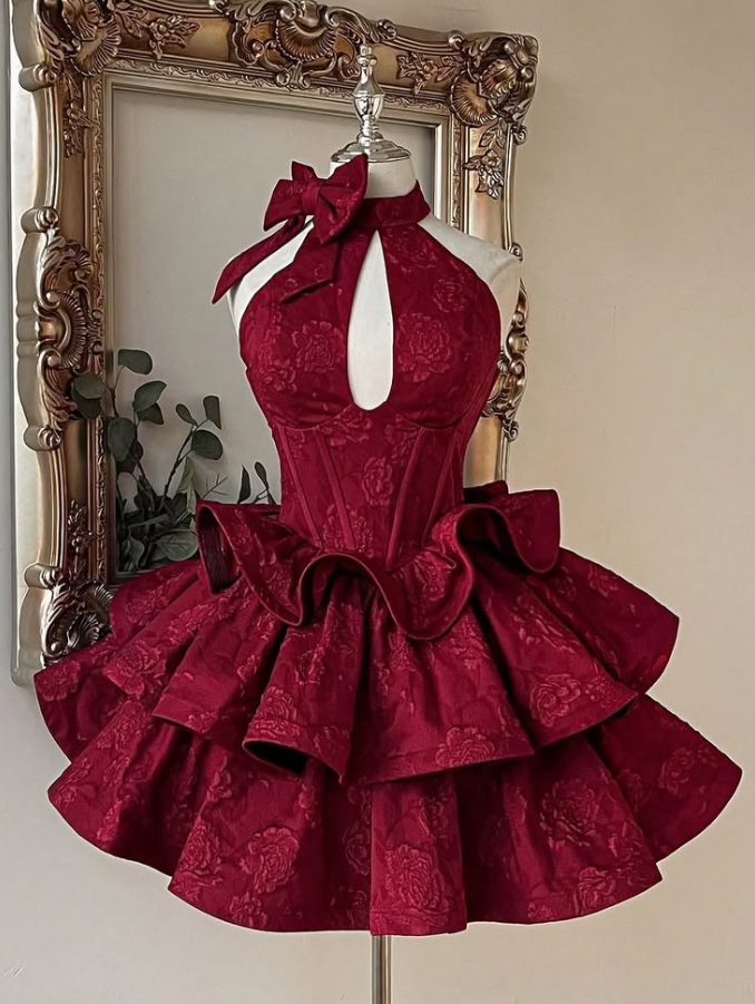 Charming Burgundy Homecoming Dress ,Ruffled Embroidered Corset Short Prom Dress RS1668