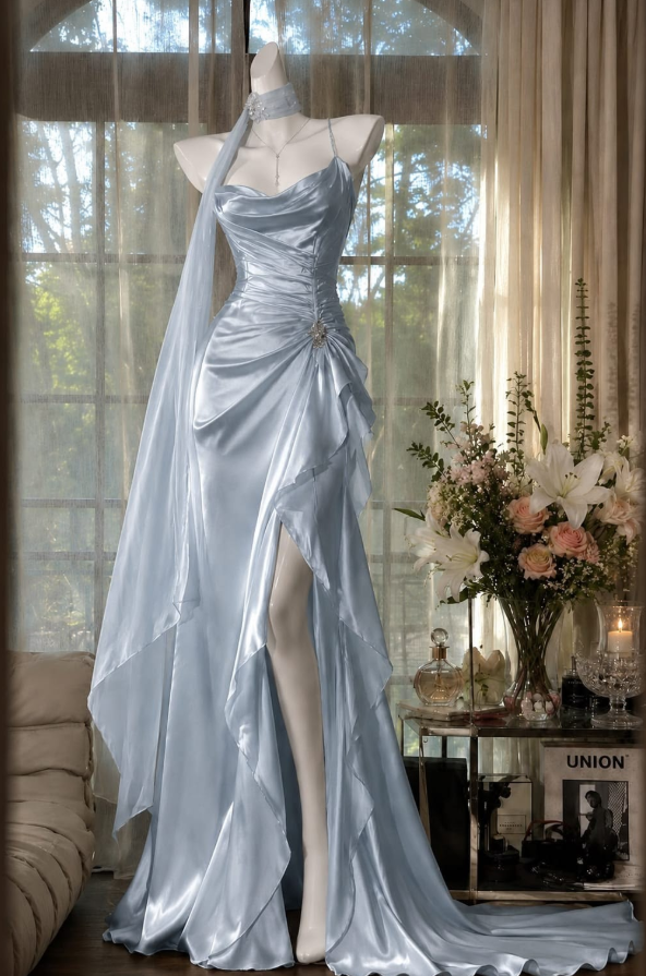 Pale Blue Elegant Prom Gown , Silky Chiffon High-slit Corset Maxi Evening Dress RS1648