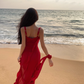 Red suspender dress high-grade irregular chiffon red rose ruffle seaside holiday dress R1470