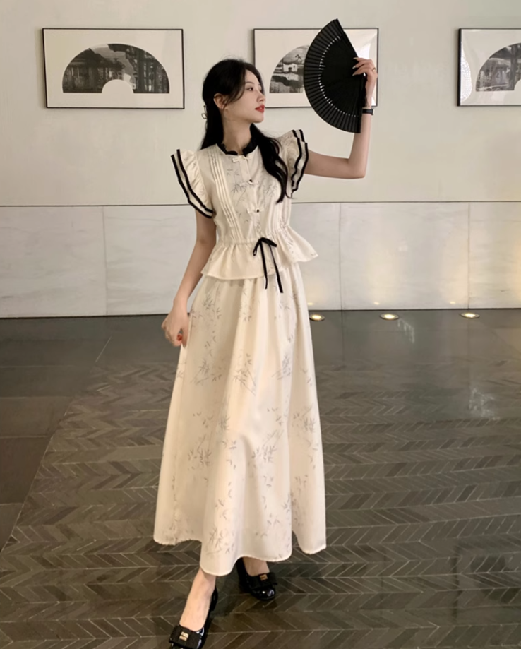 Fairy New Chinese Style Two-piece Suit Flying Sleeve Waist Shirt Skirt Chinese Style Suit R1723