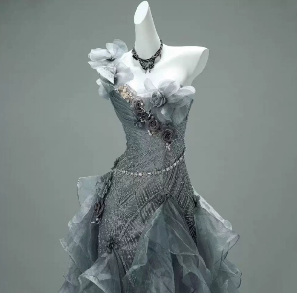 Sliver Elegant Prom Gown , Tulle 3D Floral Pleated Corset Maxi Evening Dress RS1650