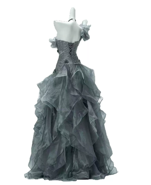 Sliver Elegant Prom Gown , Tulle 3D Floral Pleated Corset Maxi Evening Dress RS1650