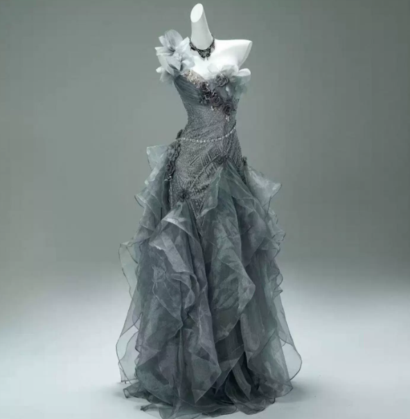 Sliver Elegant Prom Gown , Tulle 3D Floral Pleated Corset Maxi Evening Dress RS1650