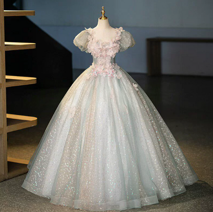 Sparkly Sequins Prom Gown , Puffy 3D Floral Corset Maxi Evening Dress Birthday Dress RS1652