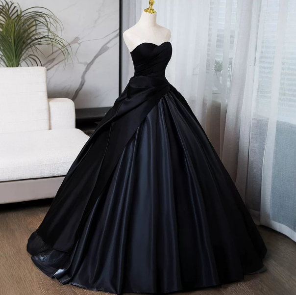 Black Elegant Prom Gown , Puffy Satin Silky Corset Maxi Evening Dress RS1654