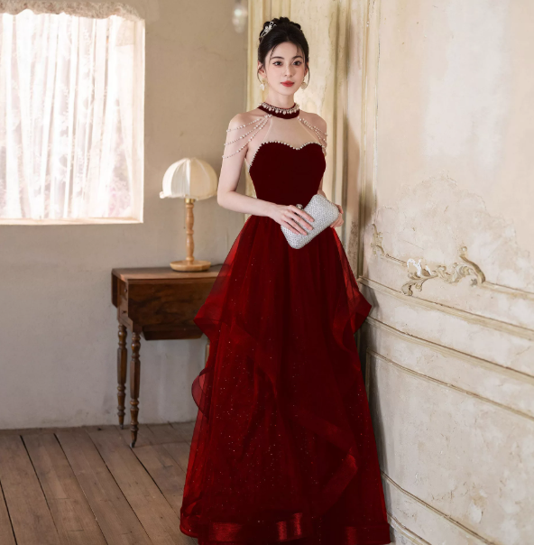 Burgundy Elegant Prom Gown , Tulle Glitter Sequins Corset Maxi Evening Dress RS1655