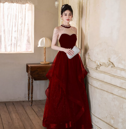Burgundy Elegant Prom Gown , Tulle Glitter Sequins Corset Maxi Evening Dress RS1655