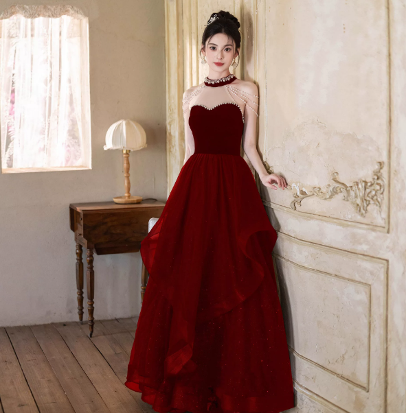 Burgundy Elegant Prom Gown , Tulle Glitter Sequins Corset Maxi Evening Dress RS1655