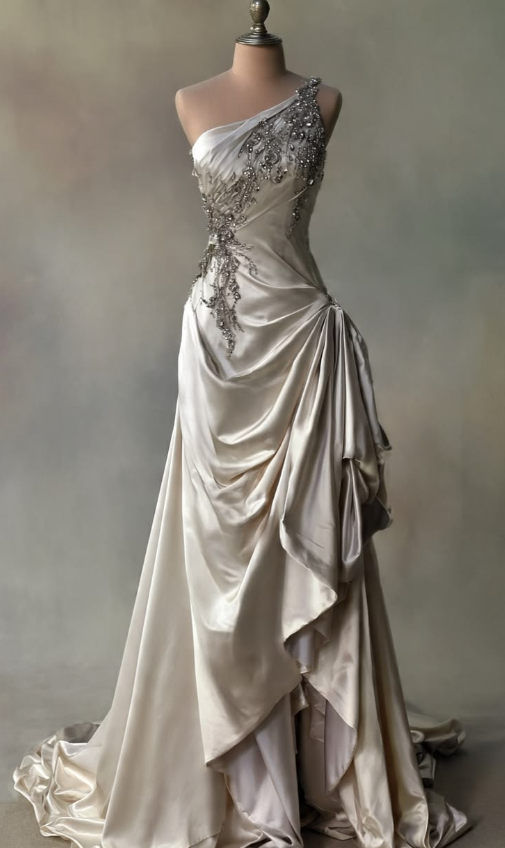 Sliver Elegant Prom Gown , Silky Satin Embroidered Bodycon Maxi Evening Dress RS1656