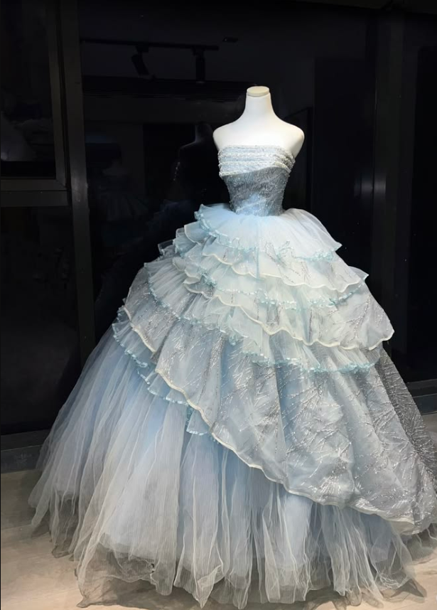 Dreamy Pale Blue Prom Gown , Tulle Glitter Sequins Corset Maxi Evening Dress Ball Gown RS1712