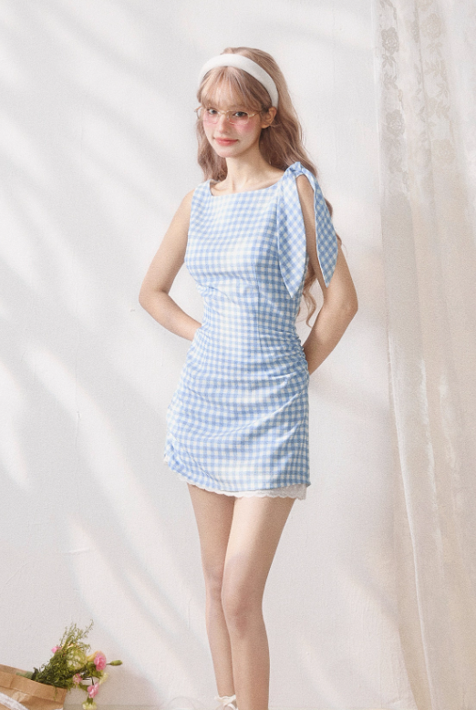 Blue and White Checkerboard Pleated Fitted Dress R5247