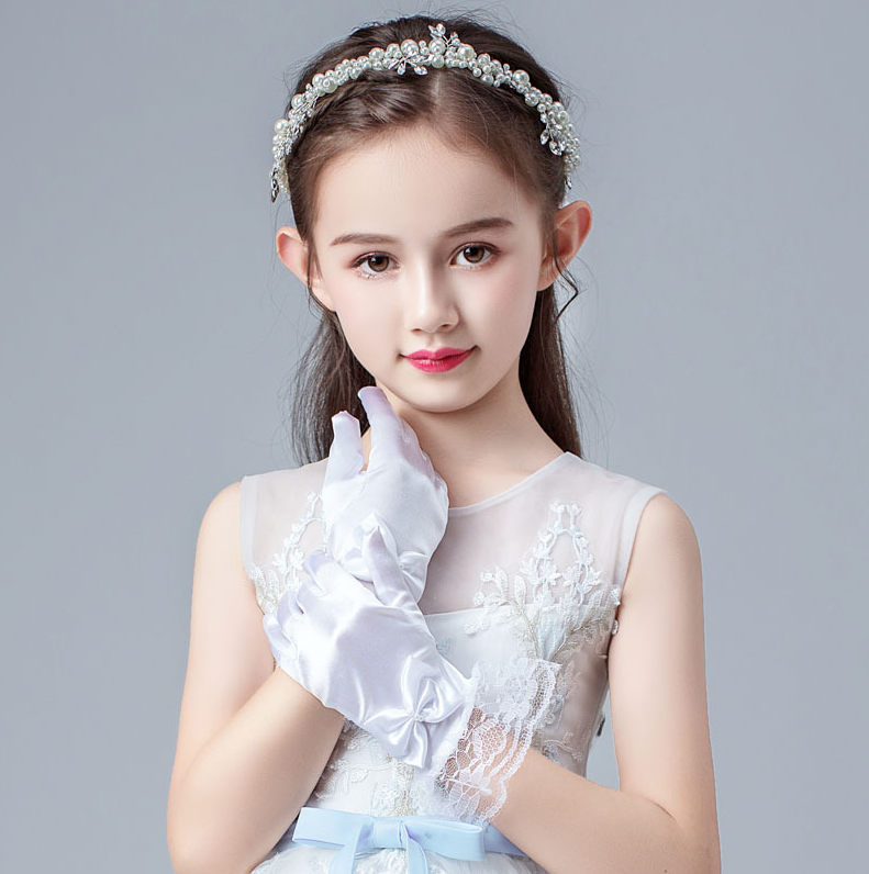 Girls Gloves Lace Bow Satin Elastic Children Flower Girl Dress Performance Dance Etiquette     S6246